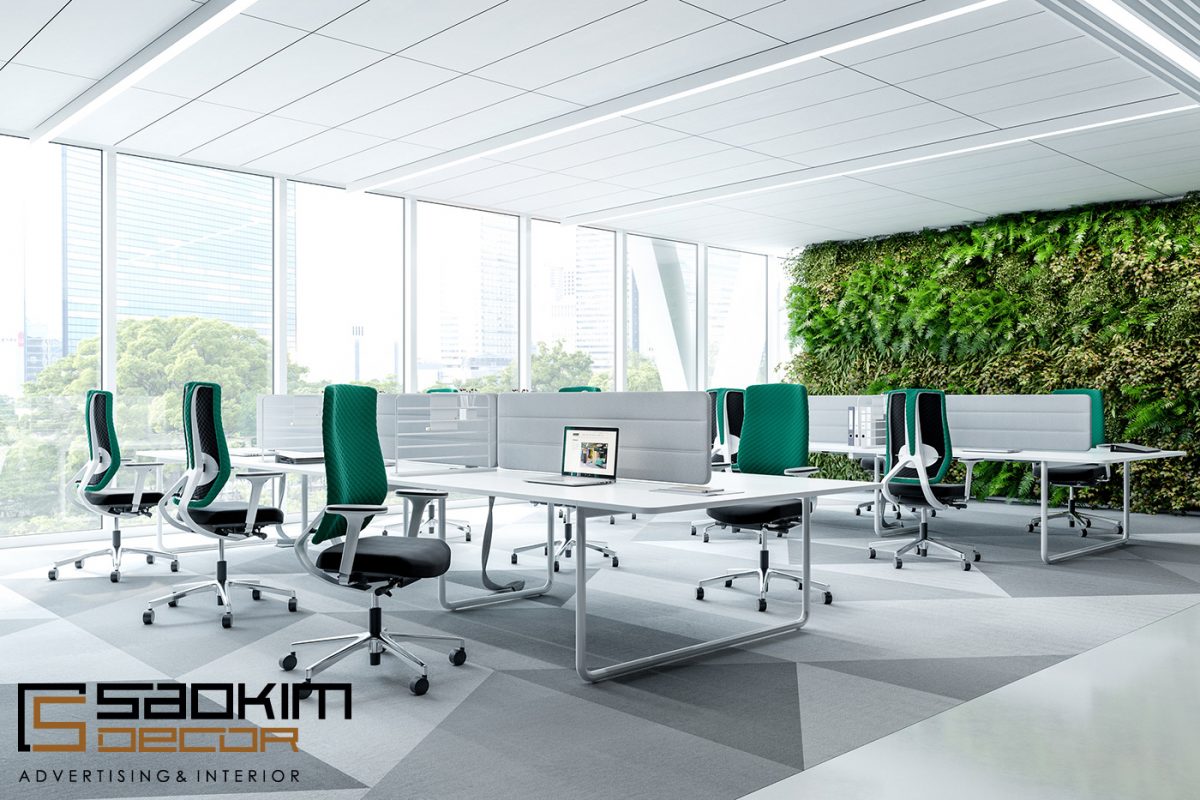 Cây xanh và vật trang trí là yếu tố góp phần tạo sự cuốn hút cho phòng làm việc