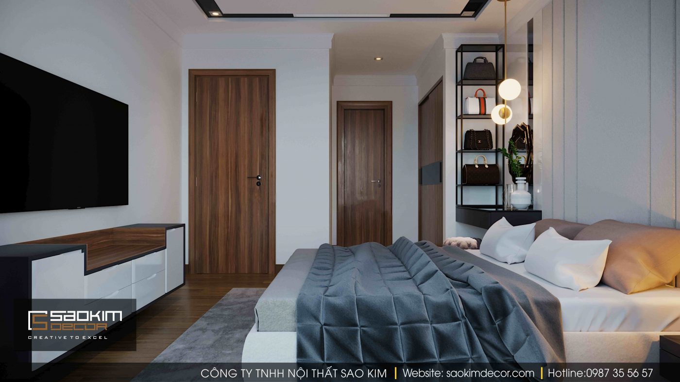 Thiết kế nội thất phòng ngủ master ấm cũng nhờ sử dụng gam màu xám kết hợp màu gỗ.