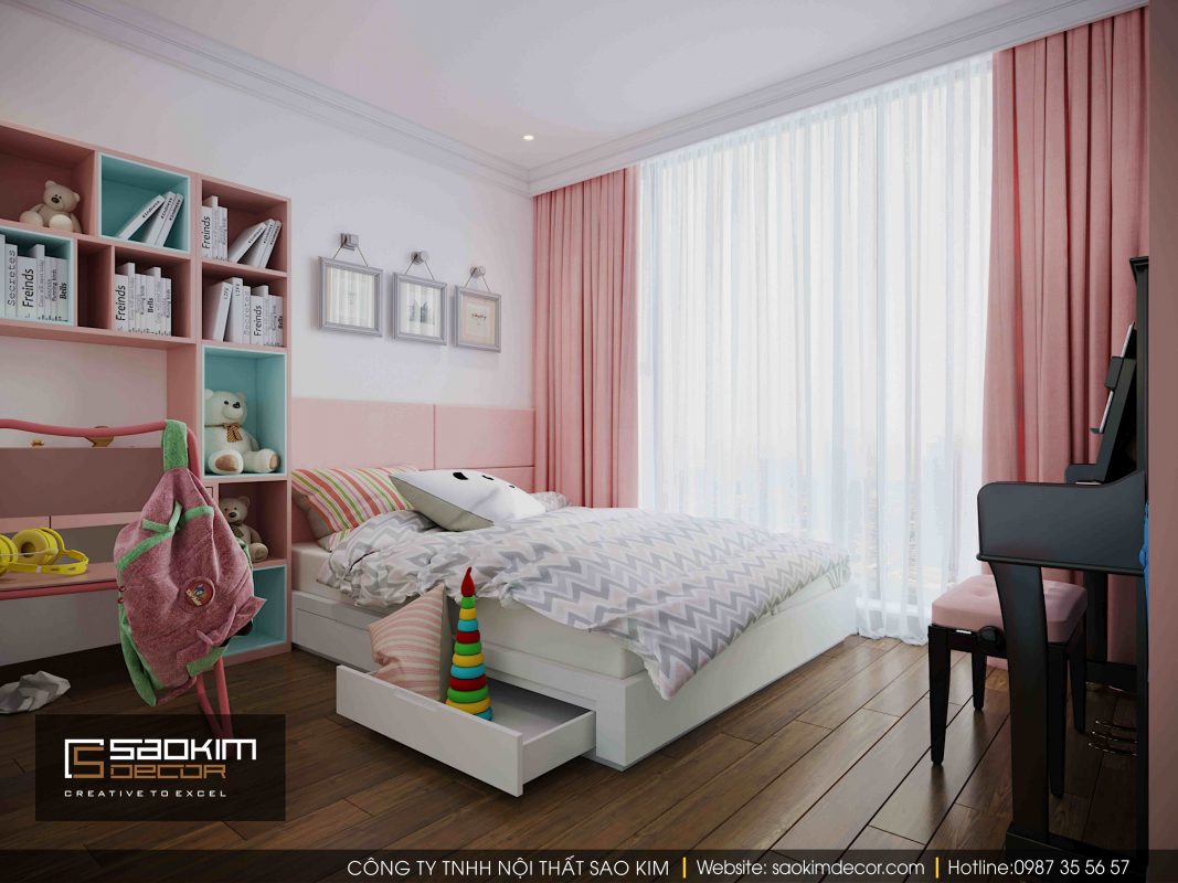 Thiết kế nội thất phòng ngủ bé gái với tone màu hồng và trắng làm chủ đạo.
