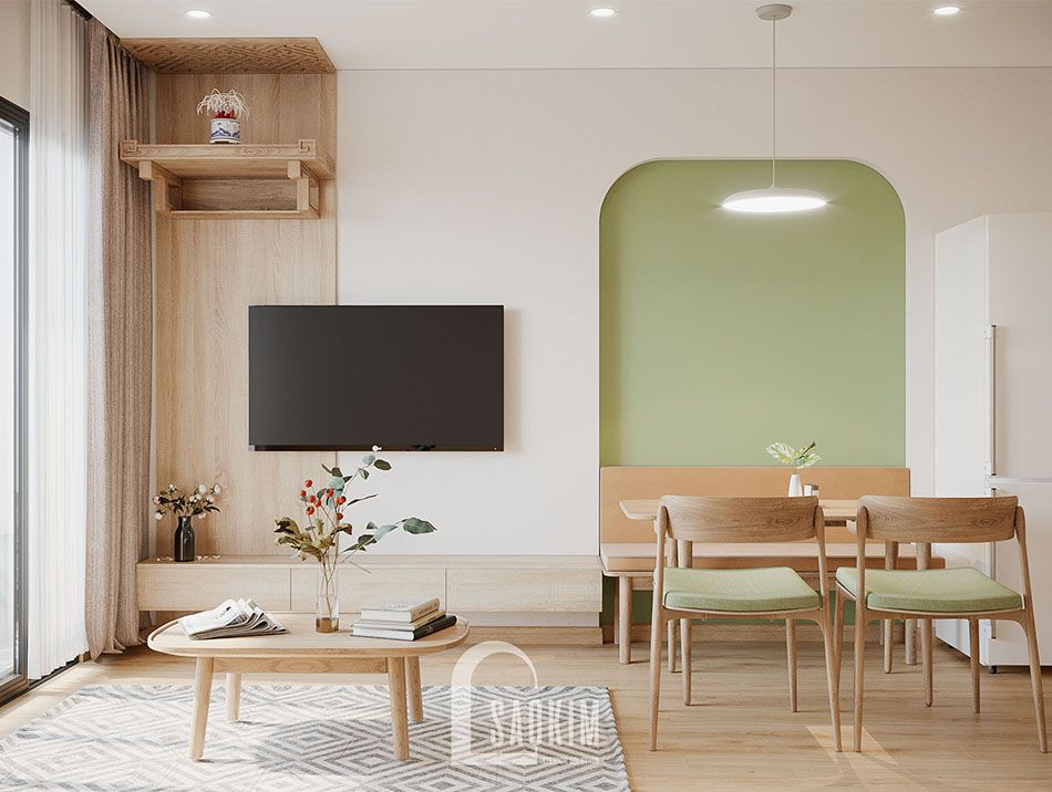 Phòng khách rộng thoáng, tươi mới với phong cách thiết kế Color Block kết hợp tối giản không gian