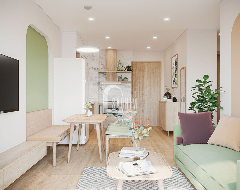<em>Không gian phòng ăn căn hộ 65m2 Vinhomes Smart City với phong cách thiết kế Color Block</em>