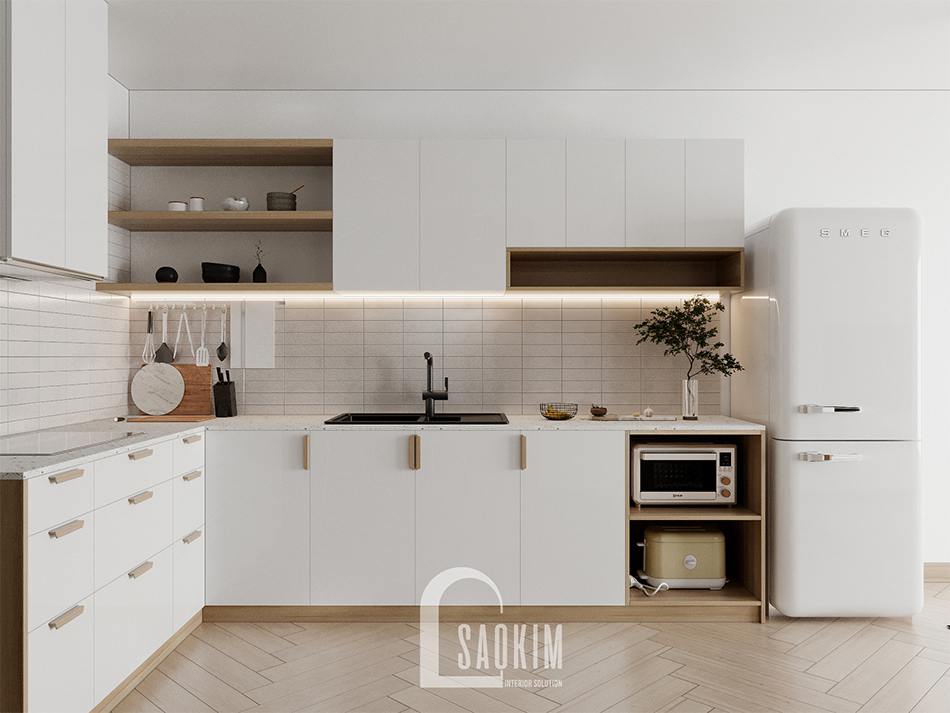 Thiết kế phòng bếp chung cư 90m2 TSQ mang vẻ đẹp thanh lịch với gam màu trắng làm chủ đạo kết hợp màu gỗ tự nhiên