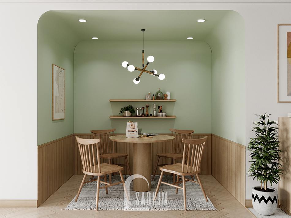 Thiết kế phòng ăn chung cư 90m2 TSQ kết hợp giữ gam màu xanhpastel và màu nâu gỗ tự nhiên tạo cảm giác ấm áp, gần gũi