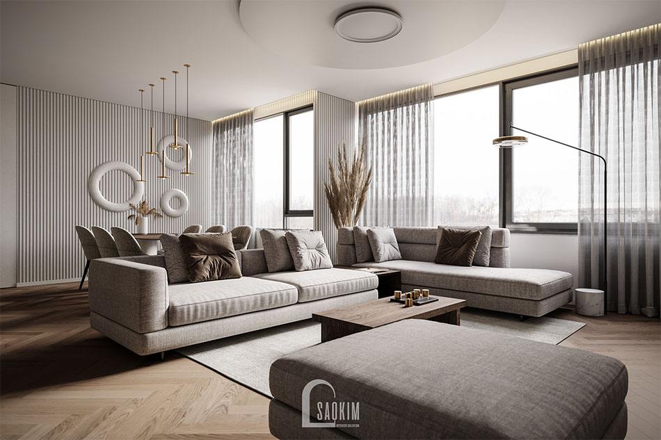 Thiết kế nội thất phòng khách chung cư cao cấp The Matrix One theo phong cách hiện đại với gam màu xám làm chủ đạo